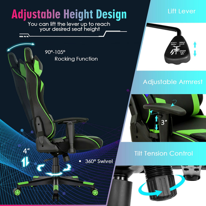 Gaming Chair Adjustable Swivel Computer Chair with Dynamic LED Lights-Green