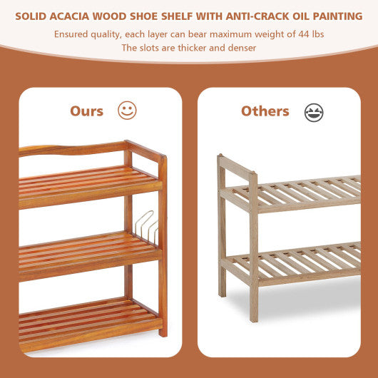 2-Tier Acacia Wood Shoe Rack with 4 Side Metal Hooks