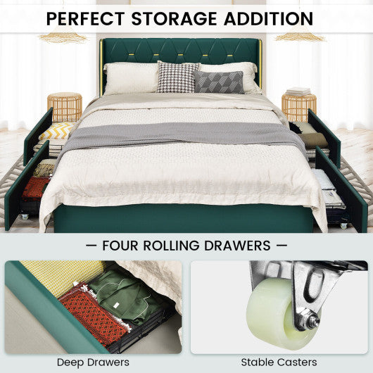 Full/Queen Size Upholstered Bed Frame with 4 Drawers-Green-Queen Size