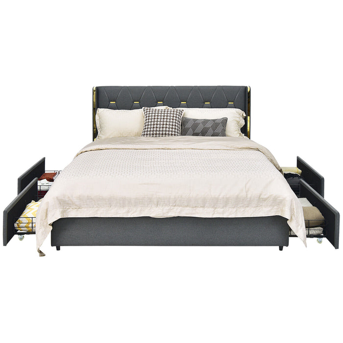 Full/Queen Size Upholstered Bed Frame with 4 Storage Drawers-Full Size