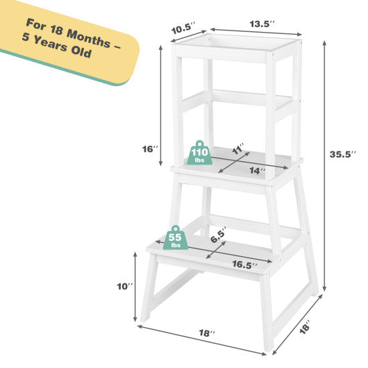 2-in-1 Multifunctional Toddler Step Stool with Safety Rail-White