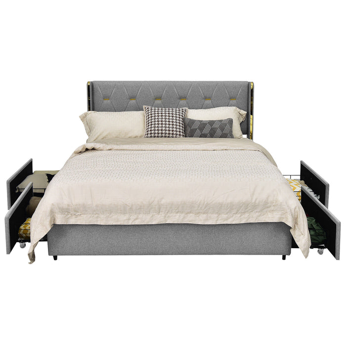 Full/Queen Size Upholstered Bed Frame with 4 Drawers-Silver-Full Size