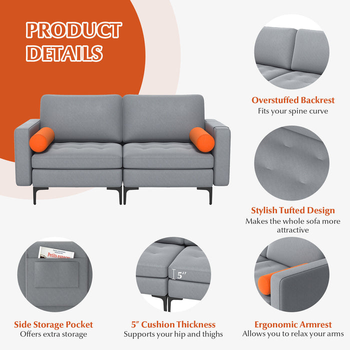 Modern Loveseat Sofa with 2 Bolsters and Side Storage Pocket-Gray