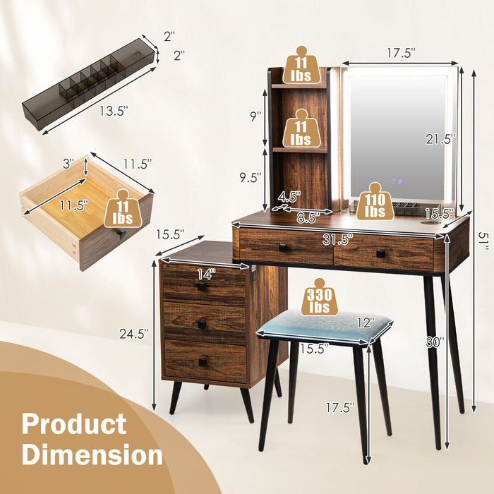 Vanity Makeup Table Set with Lighted Mirror-Brown