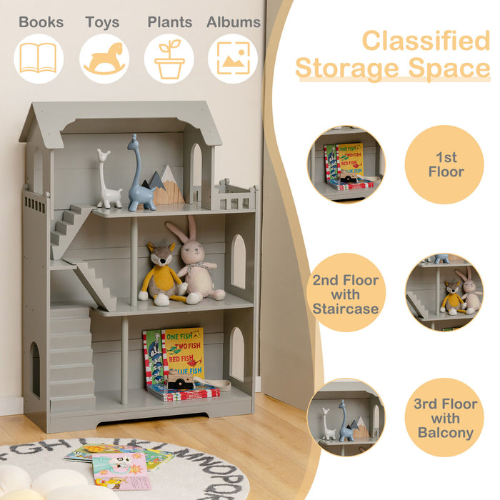 Kids Wooden Dollhouse Bookshelf with Anti-Tip Design and Storage Space-Gray