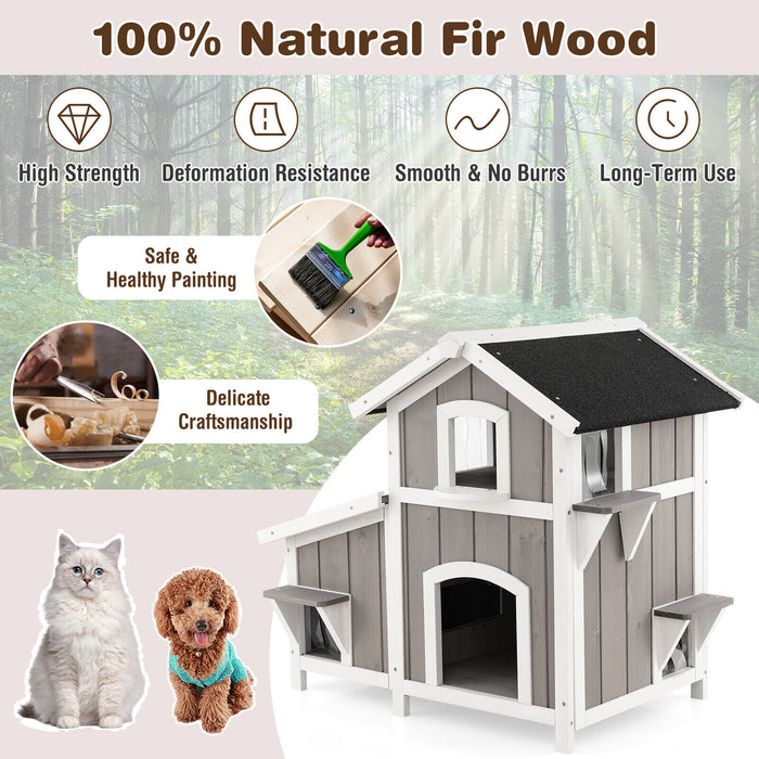 2-Story Outdoor Wooden Feral Cat House with Escape Door-Grey