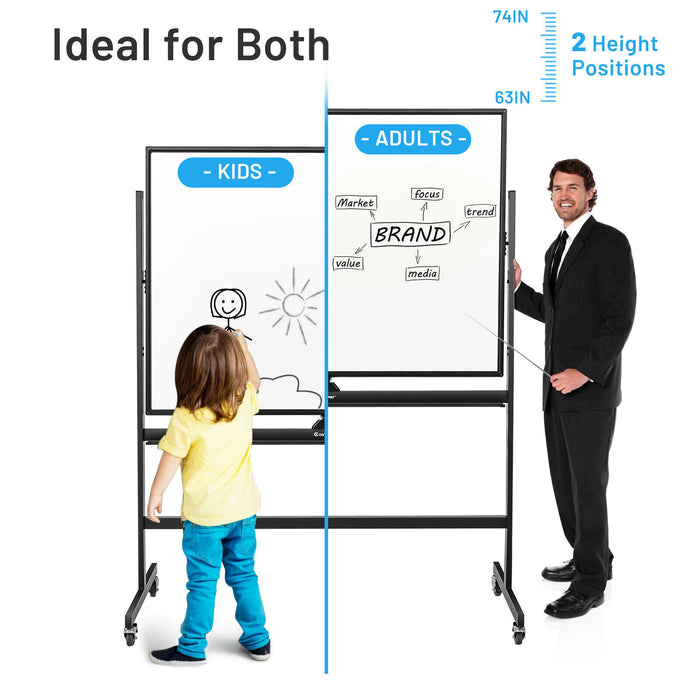 48 x 36 Inch Mobile Magnetic Double-Sided Reversible Whiteboard Height Adjust