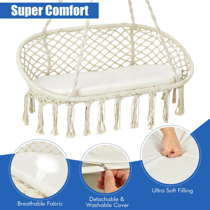 2 Person Hanging Hammock Chair with Cushion Macrame Swing-Beige