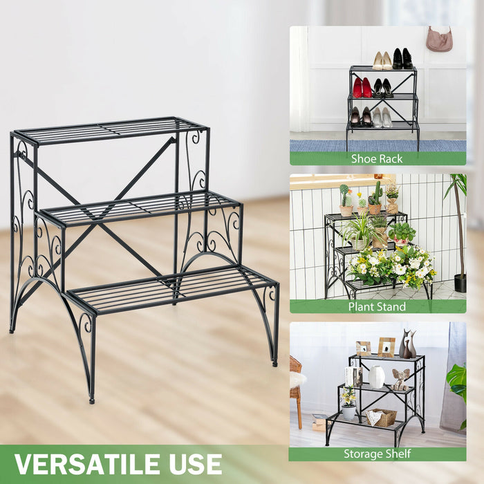 3-Tier Metal Plant Stand with Widened Grid Shelf for Porch Garden-Black