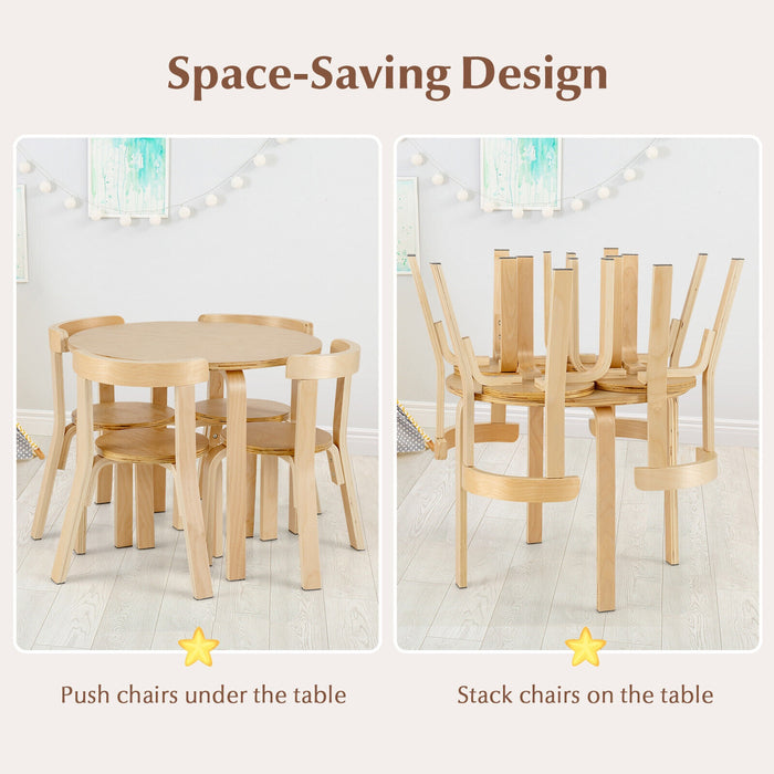 5-Piece Kids Wooden Curved Back Activity Table and Chair Set with Toy Bricks-Natural