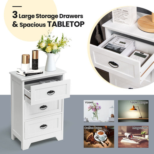 3 Drawers End Storage Wood Side Nightstand-White