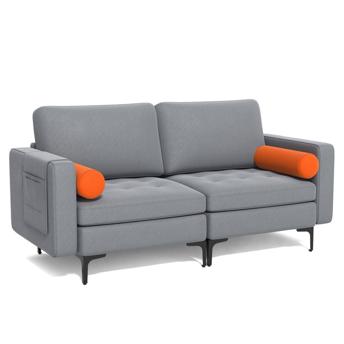 Modern Loveseat Sofa with 2 Bolsters and Side Storage Pocket-Gray