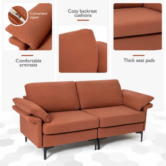 Modern Fabric Loveseat Sofa for with Metal Legs and Armrest Pillows-Rust Red