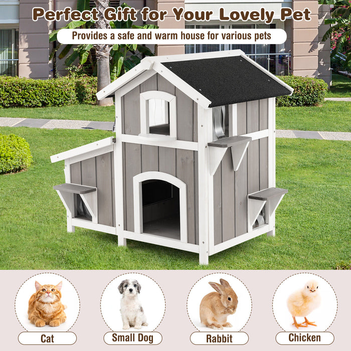 2-Story Outdoor Wooden Feral Cat House with Escape Door-Grey