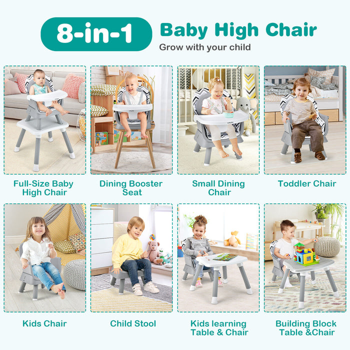 6-in-1 Convertible Baby High Chair with Adjustable Removable Tray-Gray & White