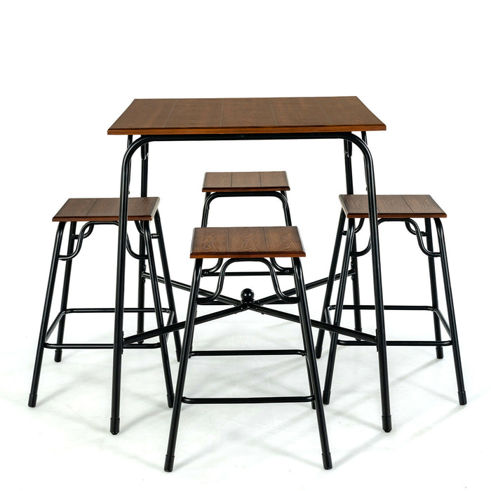 5 Pieces Bar Table Set with 4 Counter Height Backless Stools-Rustic Brown