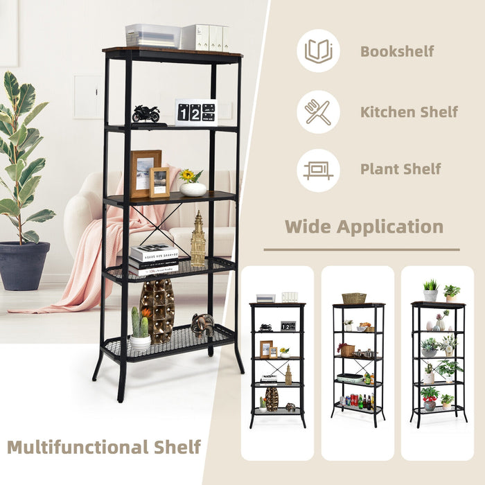 Industrial 5-Layer Bookshelf with Out-Stretched Legs-Rustic Brown