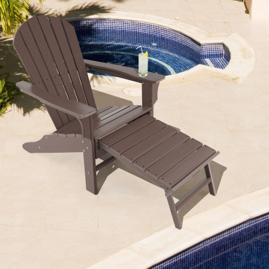 Patio HDPE Adirondack Chair with Retractable Ottoman-Brown