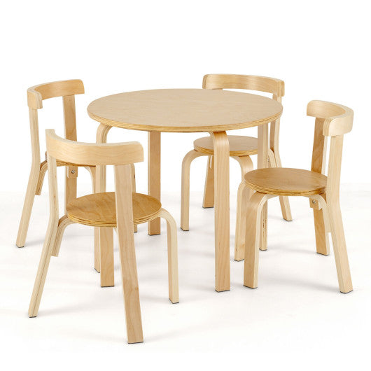 5-Piece Kids Wooden Curved Back Activity Table and Chair Set with Toy Bricks-Natural