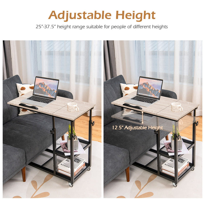 Adjustable C-Shaped Bedside Table with Wheels-Natural