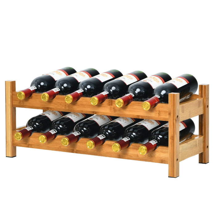 2-Tier 12 Bottles Bamboo Storage Shelf  Wine Rack-Natural