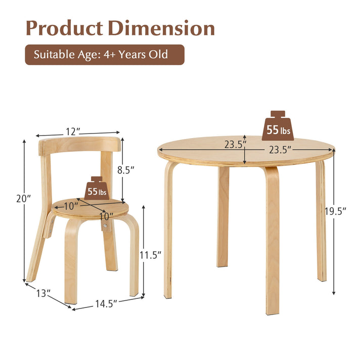 5-Piece Kids Wooden Curved Back Activity Table and Chair Set with Toy Bricks-Natural