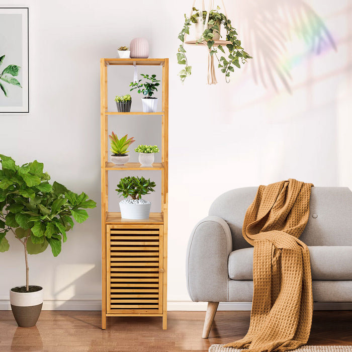 4 Tiers Slim Bamboo Floor Storage Cabinet with Shutter Door and Anti-Toppling Device-Natural