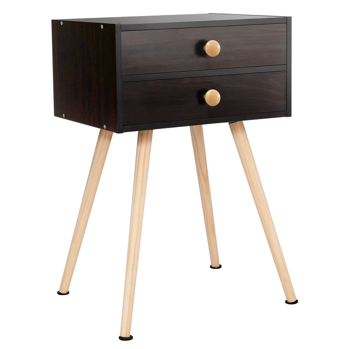 Mid Century Modern 2 Drawers Nightstand in Natural-Coffee