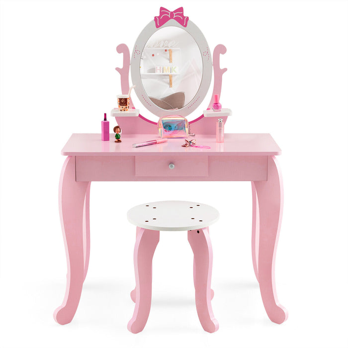 Kid Vanity Table Stool Set with Oval Rotatable Mirror-Pink