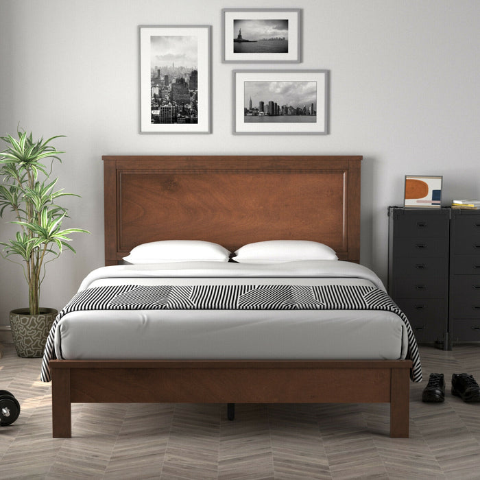 Queen Size Bed Frame Platform Slat High Headboard Bedroom with Rubber Wood Leg-Walnut