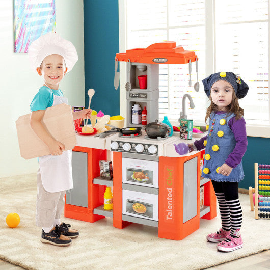 67 Pieces Play Kitchen Set for Kids with Food and Realistic Lights and Sounds-Orange