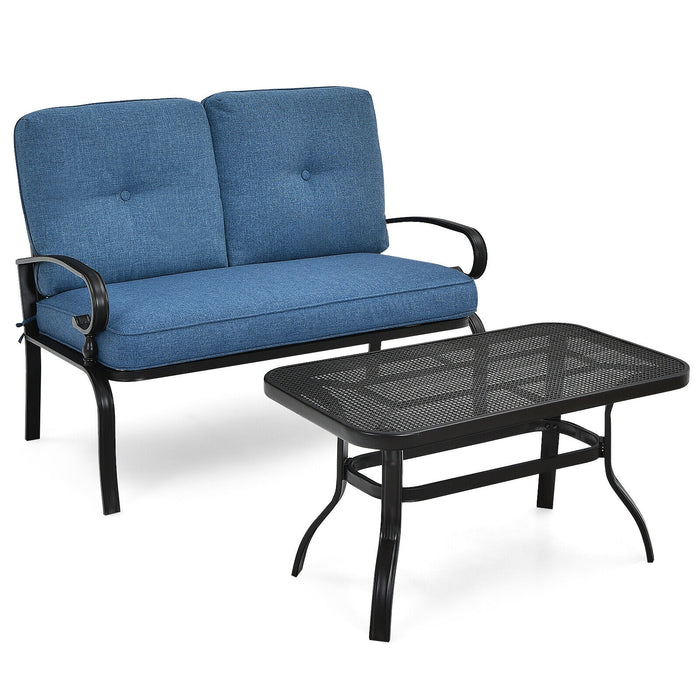 2 Pieces Patio Loveseat Bench Table Furniture Set with Cushioned Chair-Blue