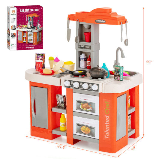 67 Pieces Play Kitchen Set for Kids with Food and Realistic Lights and Sounds-Orange