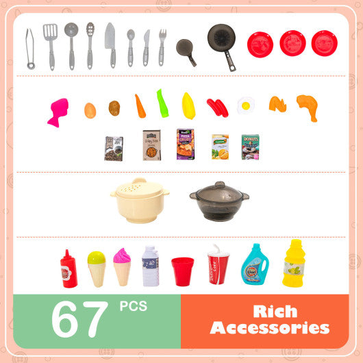 67 Pieces Play Kitchen Set for Kids with Food and Realistic Lights and Sounds-Orange