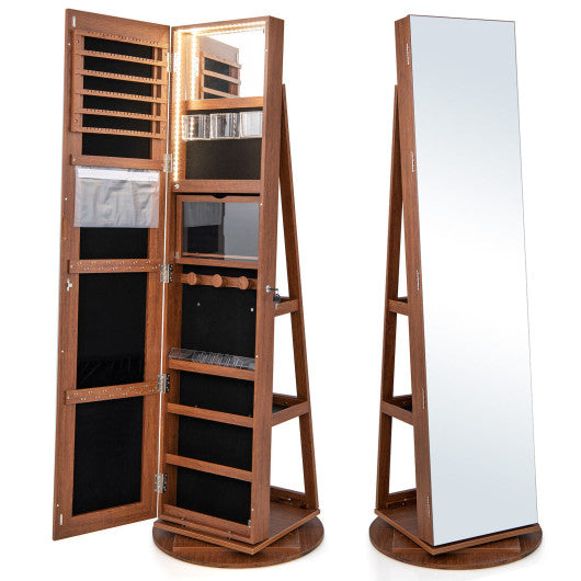 360Â° Rotating Mirrored Jewelry Cabinet Armoire 3 Color LED Modes Lockable-Dark Brown