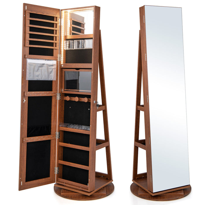 360Â° Rotating Mirrored Jewelry Cabinet Armoire 3 Color LED Modes Lockable-Dark Brown