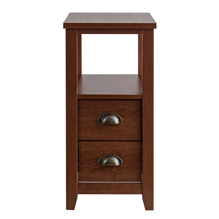 End Table Wooden with 2 Drawers and Shelf Bedside Table-Brown