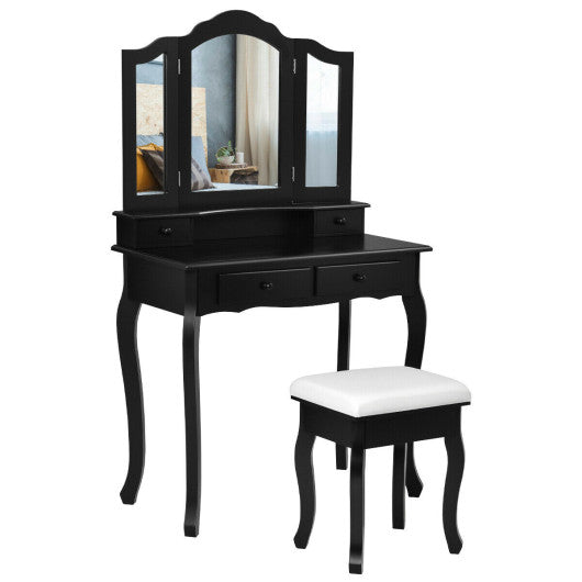 4 Drawers Wood Mirrored Vanity Dressing Table with Stool-Black