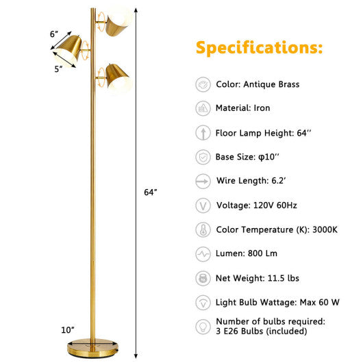 64 Inch 3-Light LED Floor Lamp Reading Light for Living Room Bedroom - Golden