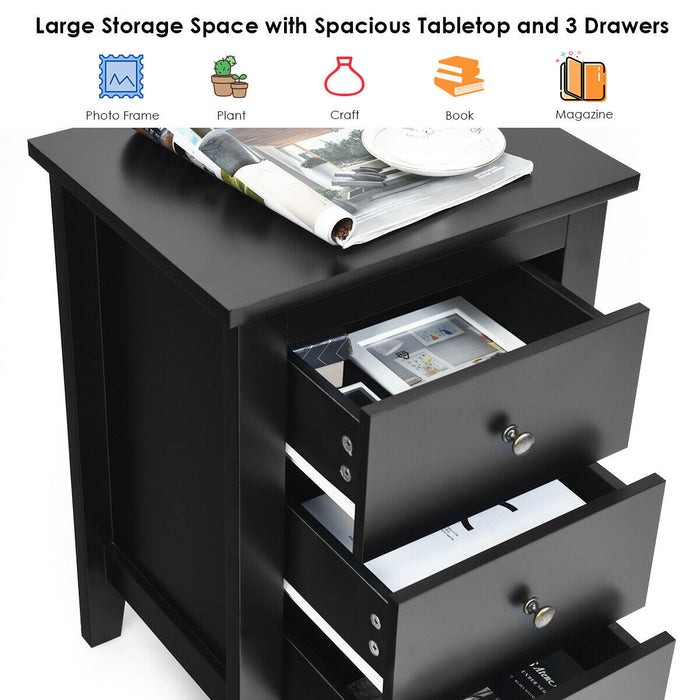 Nightstand End Beside Table Drawers Modern Storage Bedroom Furniture-Black