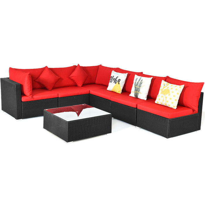 7 Pieces Sectional Wicker Furniture Sofa Set with Tempered Glass Top-Red