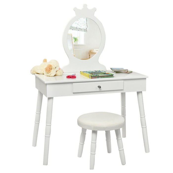 Kids Vanity Makeup Table & Chair Set Make Up Stool-White