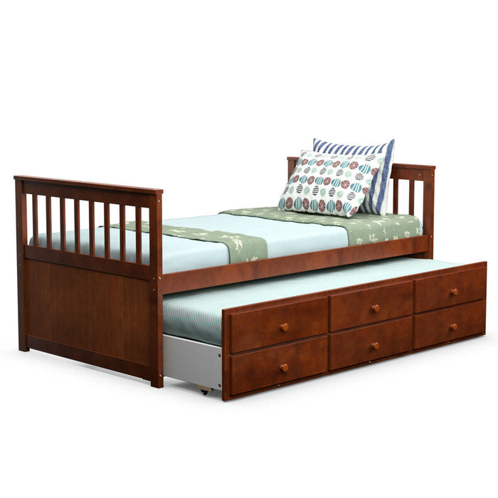 Twin Captainâ€™s Bed with Trundle and 3 Storage Drawers-Walnut