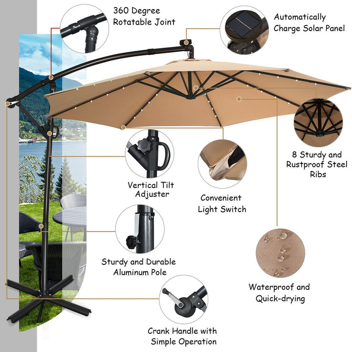 10 ft 360Â° Rotation Solar Powered LED Patio Offset Umbrella without Weight Base-Beige