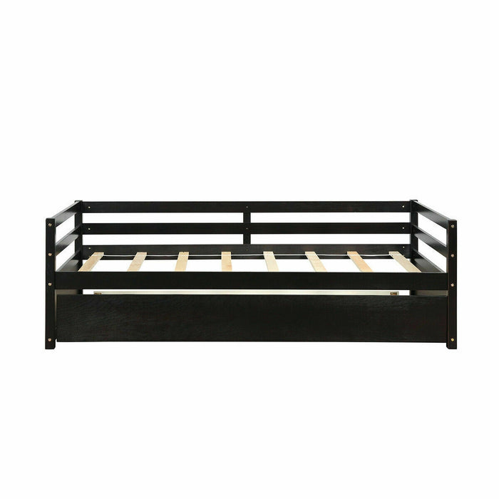 Twin Size Wooden Slat Trundle Platform-Dark Brown