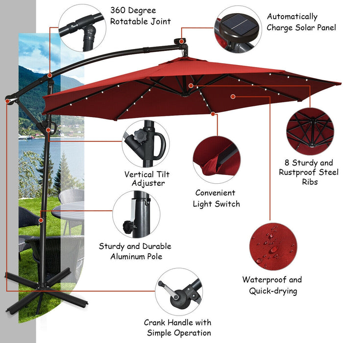 10 ft 360Â° Rotation Solar Powered LED Patio Offset Umbrella without Weight Base-Dark Red