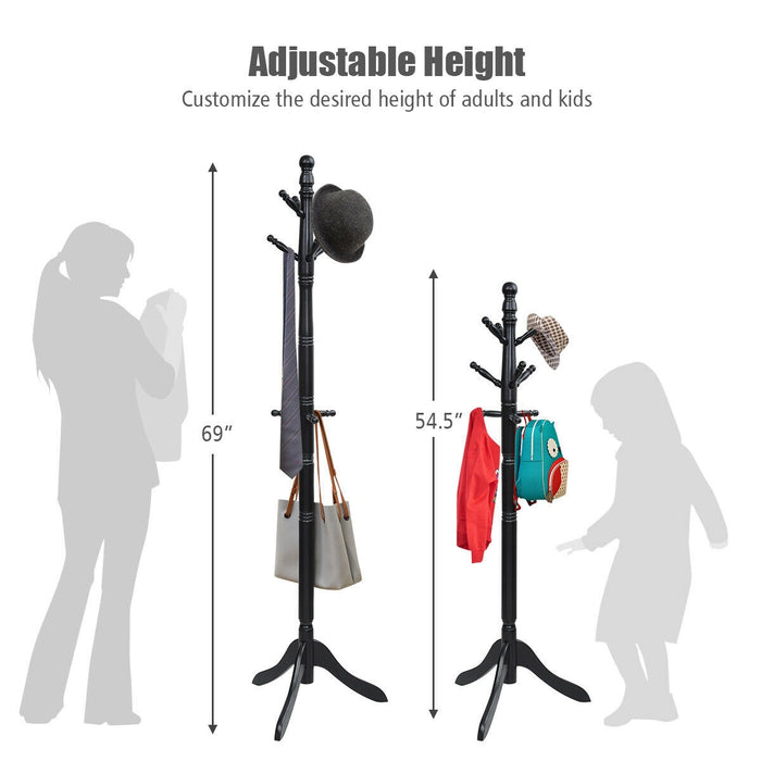 Entryway Height Adjustable Coat Stand with 9 Hooks-Black