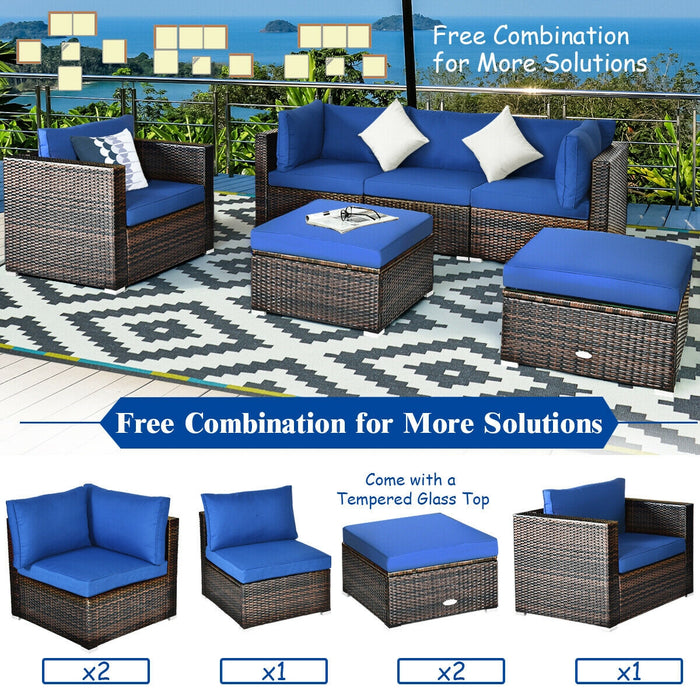 6 Pcs Patio Rattan Furniture Set with Sectional Cushion-Blue