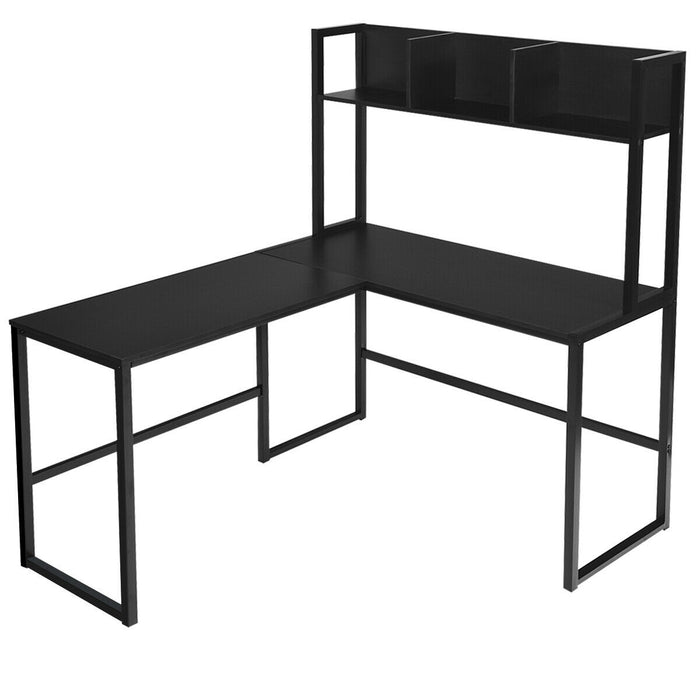 Reversible L-Shaped Corner Desk with Storage Bookshelf-Black