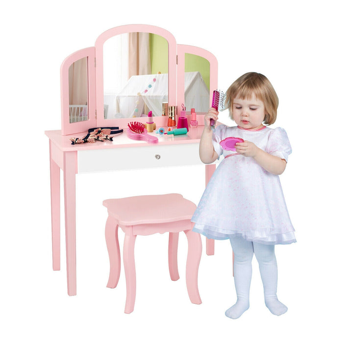 Kids Princess Make Up Dressing Table with Tri-folding Mirror and Chair-Pink